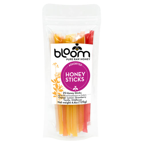 Bloom Honey Sticks - Assorted 25 Pack - Orange, Lemon, Strawberry, Vanilla, Wildflower AVAILABLE IN RETAIL STORES