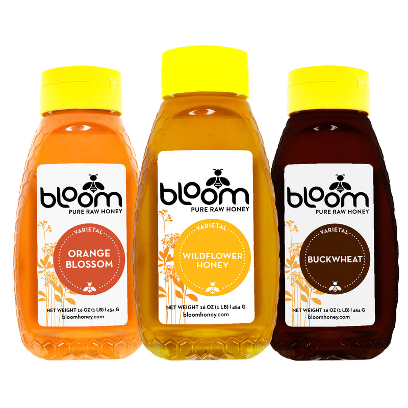 Combo 3 Pack of Wildflower, Orange Blossom & Buckwheat Squeeze Honey Bundle (16oz each)