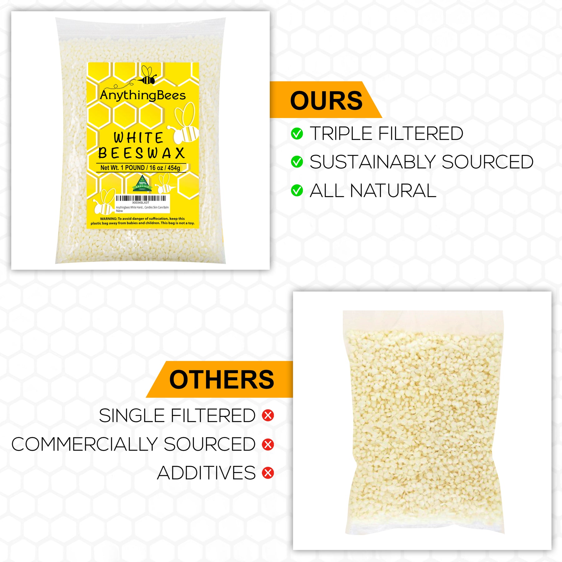 White Beeswax Pellets - Organic: 1lb